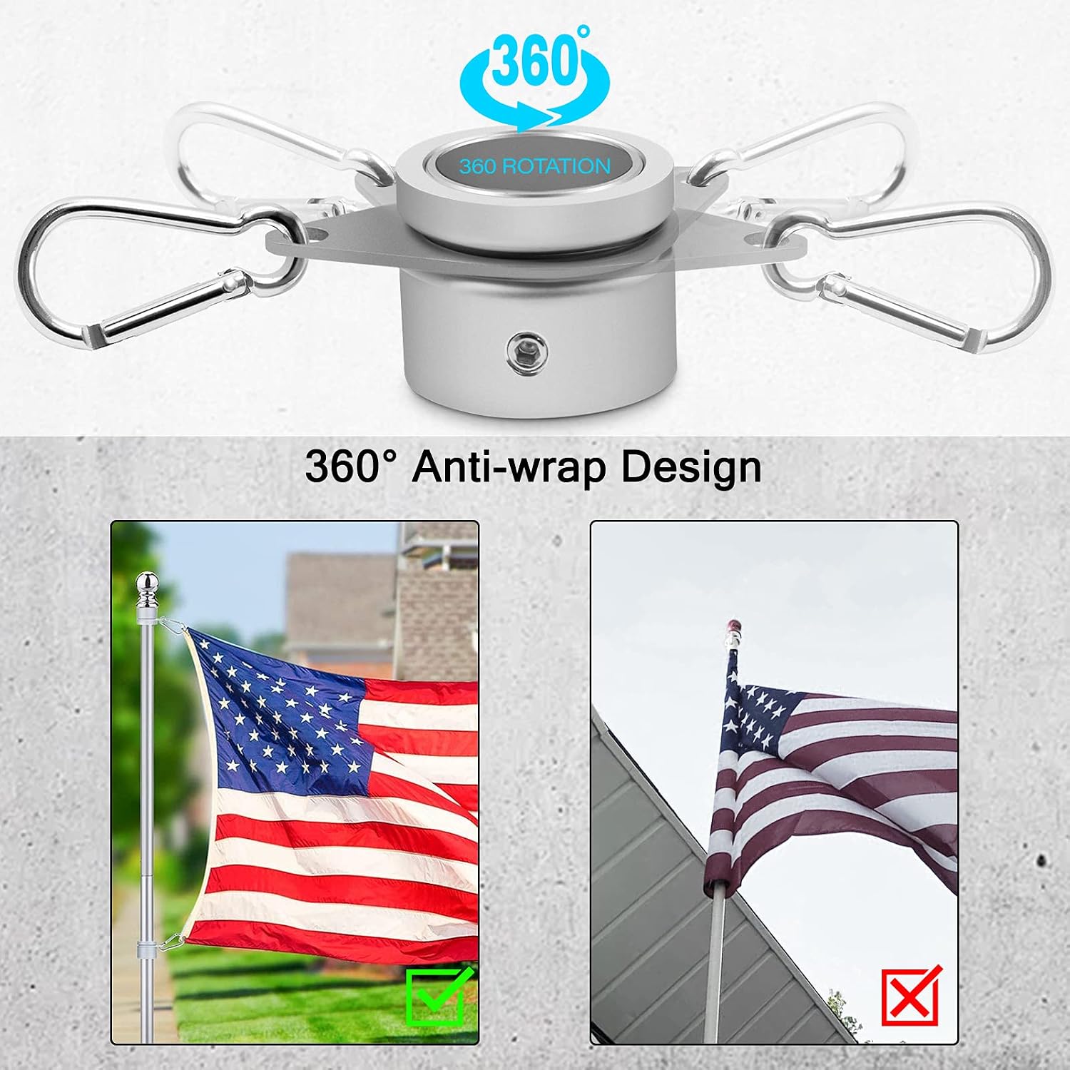 Flag Pole Rings, Aluminum Alloy Flagpole Rings 360° Rotating Anti Wrap Flag Mounting Ring, Spinning Flag Pole Clips With Carabiner For 0.75-1.02 Inch Diameter- Pack Of 2 (Silver)