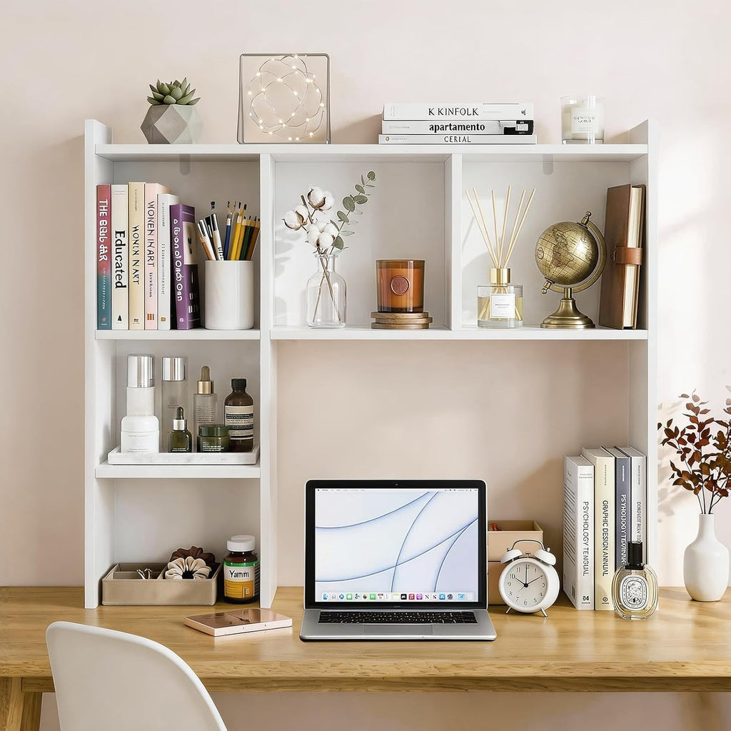 Oook White Desk Hutch, Dorm Organizers And Storage, Desktop Bookshelf With 5 Shelves, 3-Tier Wooden Desktop Organizer, Computer Desk With Hutch For Office Dorm Home