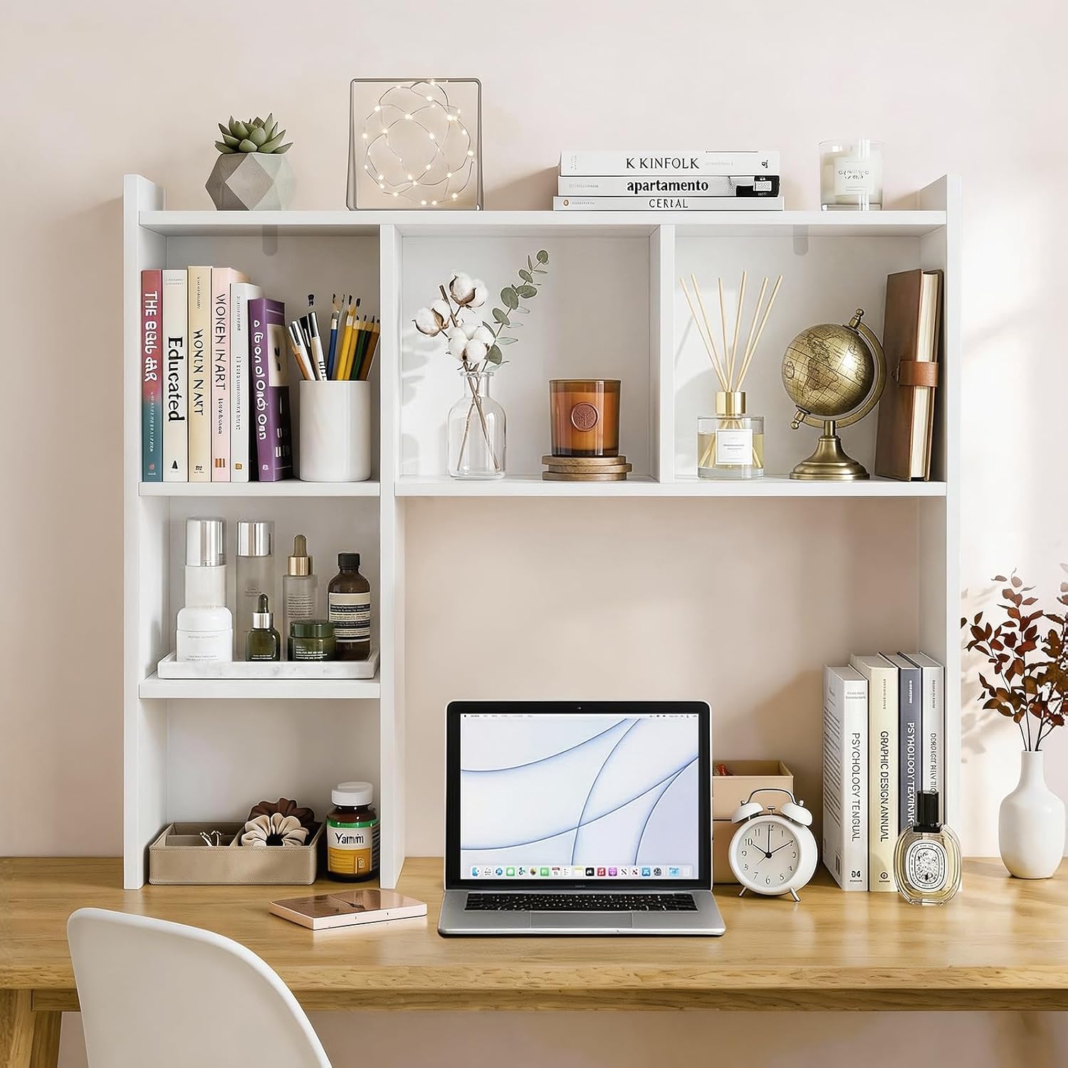 Oook White Desk Hutch, Dorm Organizers And Storage, Desktop Bookshelf With 5 Shelves, 3-Tier Wooden Desktop Organizer, Computer Desk With Hutch For Office Dorm Home