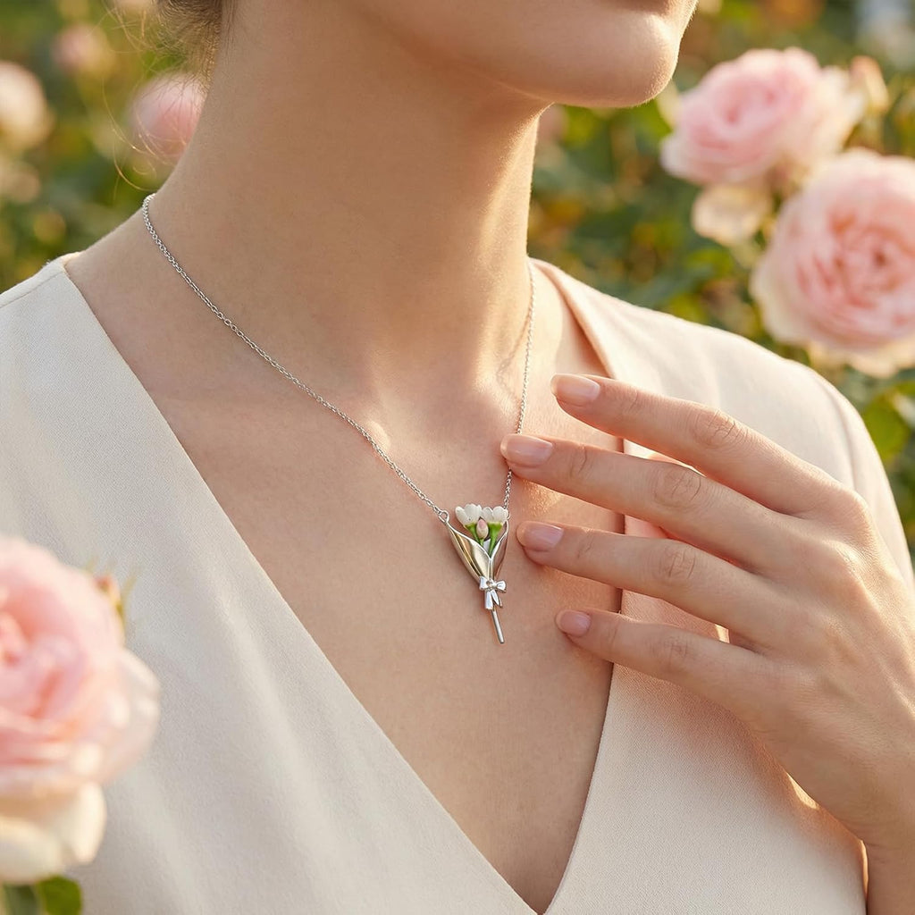Roe Dolph Flower Bouquet Necklace Flower Holder Necklace Pendant Creative Floral Vase Necklaces Kawaii Aesthetic Spring Dresses Mothers Day Jewelry Gifts Graduation Gifts for Daughter 2026