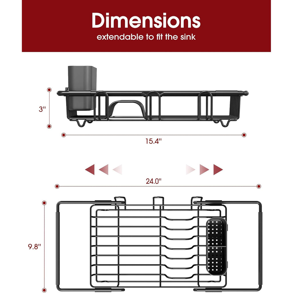 Sakugi Dish Drying Rack in Sink - Expandable Stainless Steel Dish Rack Over the Sink, Kitchen Sink Drain Strainer with Cutlery Holder & Cup Holders, 15.4 x 9.8 x 3.0 Inch, Black