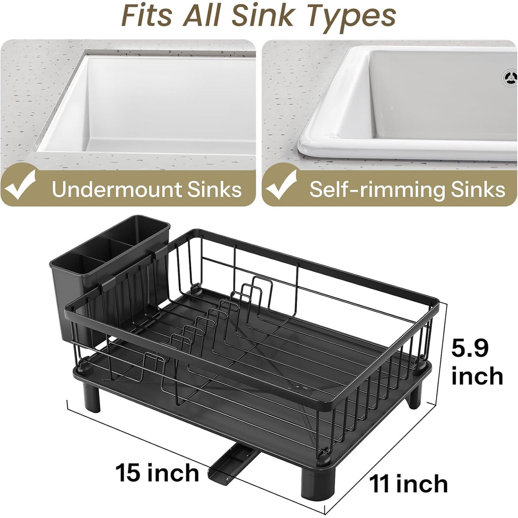 SNTD Dish Drying Rack - Space-Saving Dish Rack for Kitchen Counter, Stainless Steel Dish Drainer with Utensil Holder and Drainboard, 11" W x 15" L (Black)