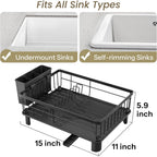 SNTD Dish Drying Rack - Space-Saving Dish Rack for Kitchen Counter, Stainless Steel Dish Drainer with Utensil Holder and Drainboard, 11" W x 15" L (Black)