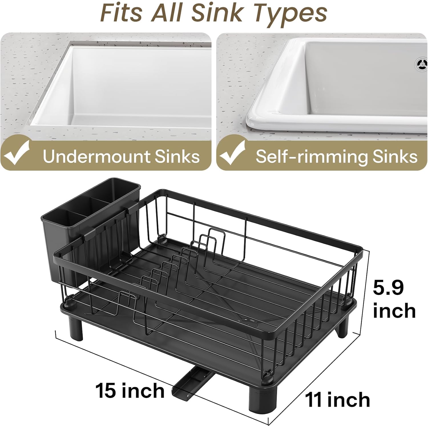 SNTD Dish Drying Rack - Space-Saving Dish Rack for Kitchen Counter, Stainless Steel Dish Drainer with Utensil Holder and Drainboard, 11" W x 15" L (Black)