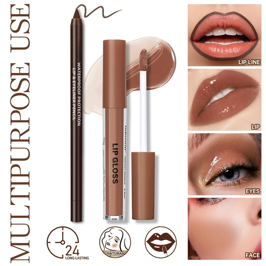 Hosaily Nourishing Lip Gloss With Brown Lip Liner Lip Combo Set, Moisturizing High Shine Nude Lip Glow Oil Fresh Lightweight Glossy Plumping Lip Gloss For Women Long Wear Mini Liquid Lipstick Makeup#8