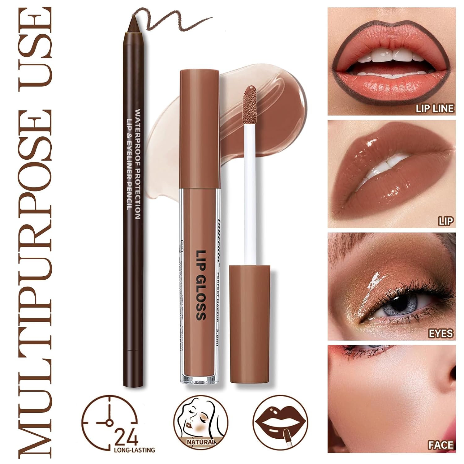 Hosaily Nourishing Lip Gloss With Brown Lip Liner Lip Combo Set, Moisturizing High Shine Nude Lip Glow Oil Fresh Lightweight Glossy Plumping Lip Gloss For Women Long Wear Mini Liquid Lipstick Makeup#8