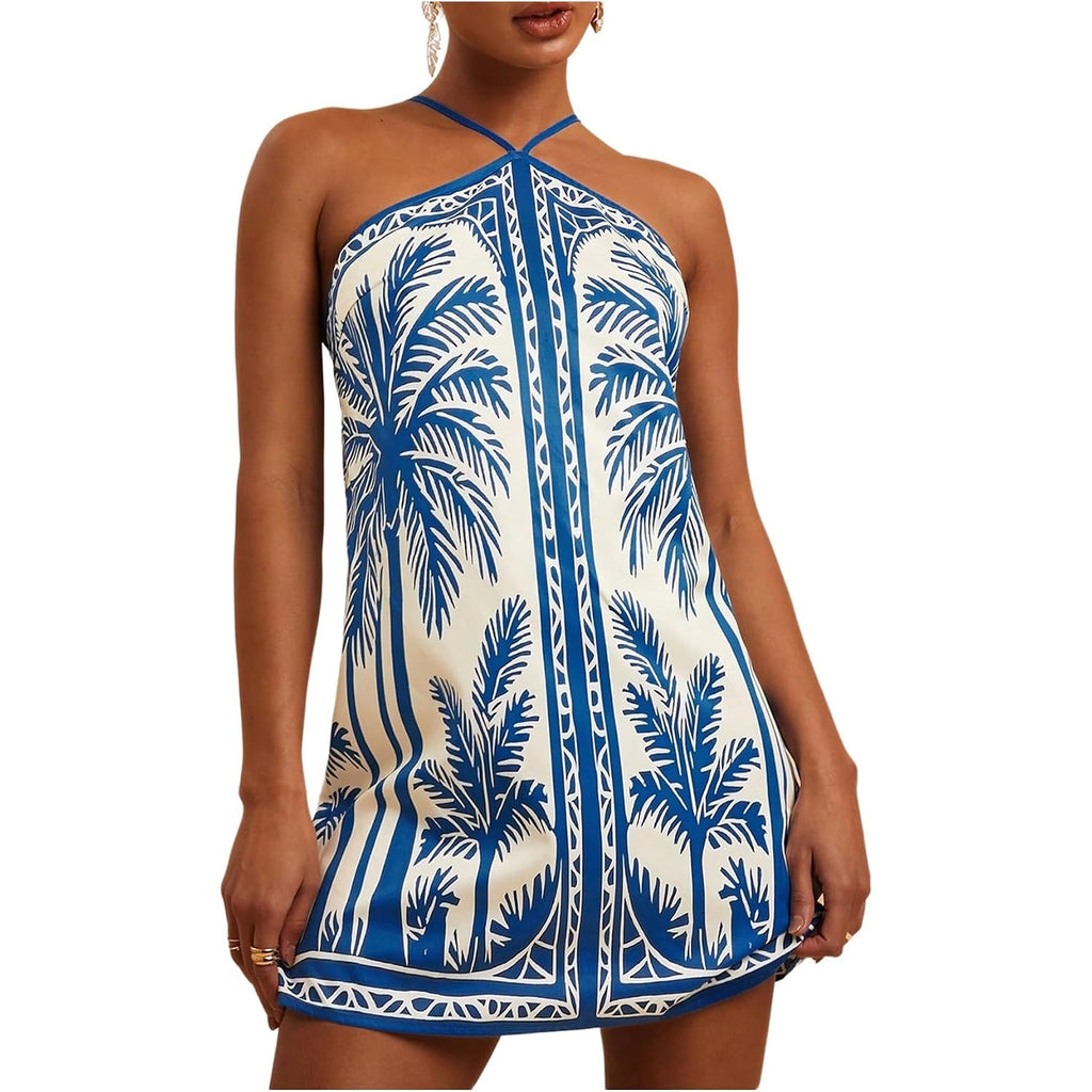 Makemechic Women'S Halter Dresses Summer Beach Backless Tropical Vacation Caribbean Outfits Boho Mini Dresses