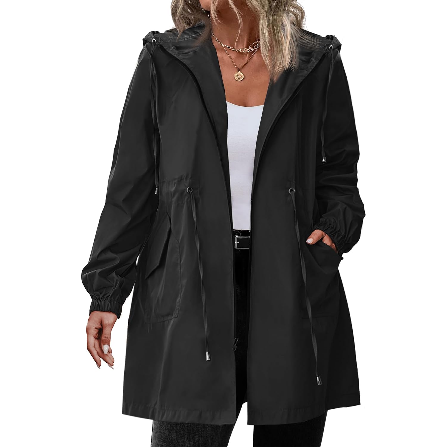 In'Voland Women'S Rain Jacket Plus Size Long Raincoat Lightweight Hooded Windbreaker Waterproof Jackets With Pockets