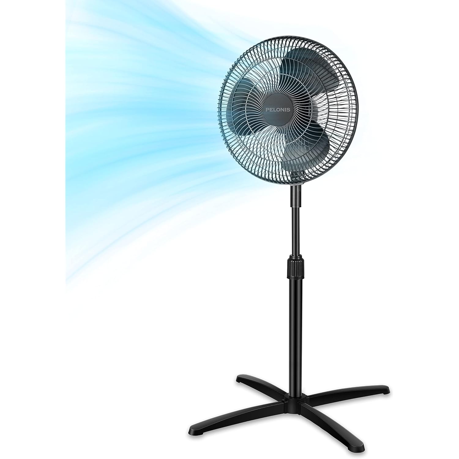 Pelonis 16" Adjustable Oscillating Pedestal Fan For Bedroom, Black | Budget Friendly 3-Speed Standing Fan With Wide Oscillation And Tilt, Manual Controls For Living Room And Office, Quiet 45Db