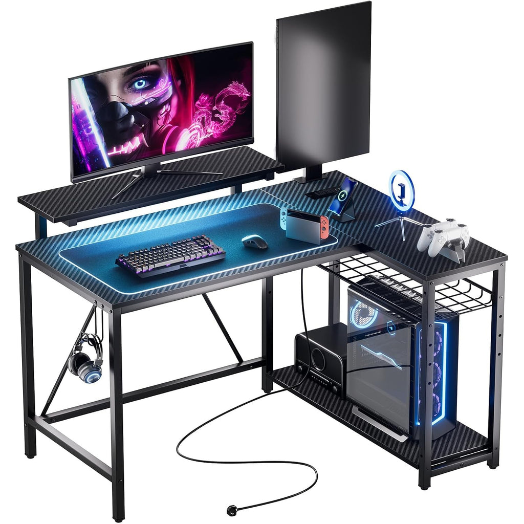 Bestier Gaming Desk With Power Outlets, 42" L-Shaped Computer Desk With Led Lights, Desk With Reversible Storage Shelves & Hooks For Small Spaces, Bedrooms & Offices, Black Carbon Fiber