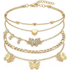 Chain Ankle Bracelet for Women Gold Silver Boho Anklets Set Sun Butterfly Sea Turtle Anklets Beach Adjustable Chain Anklet Summer Waterproof Beach Jewelry for Women