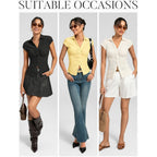 Women Button Down Blouse, V-Neck Ruched Tops with Y2K Collar, Slim Fit Cap Sleeve Business Casual Going Out Shirt