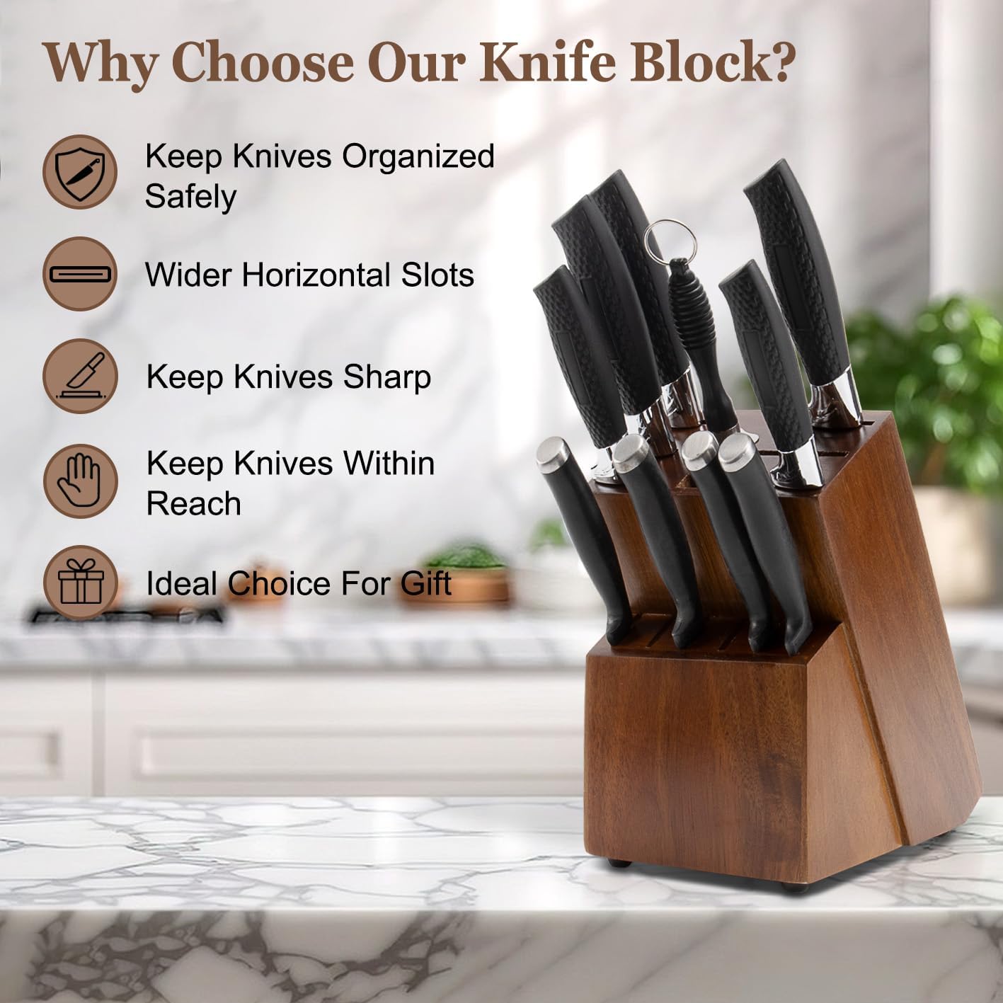 Universal Knife Block Without Knives - 14 Slot Wooden Knife Holder For Countertop, Large Bamboo Knife Storage Organizer, Butcher Block Knife Stand For Kitchen (Brown)