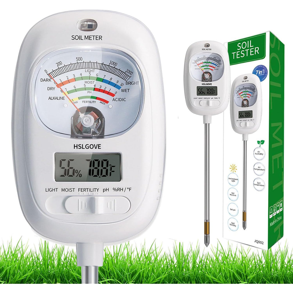 Hslgove Soil Test Kit, 7-In-One Soil Moisture Meter/Soil Ph Meter/Fertility, Dual Screen Soil Tester W/Digital Soil Temp/Air Temp&Humidity For Plants Gardening,Lawn,Farm Indoor&Outdoor-Lvory White