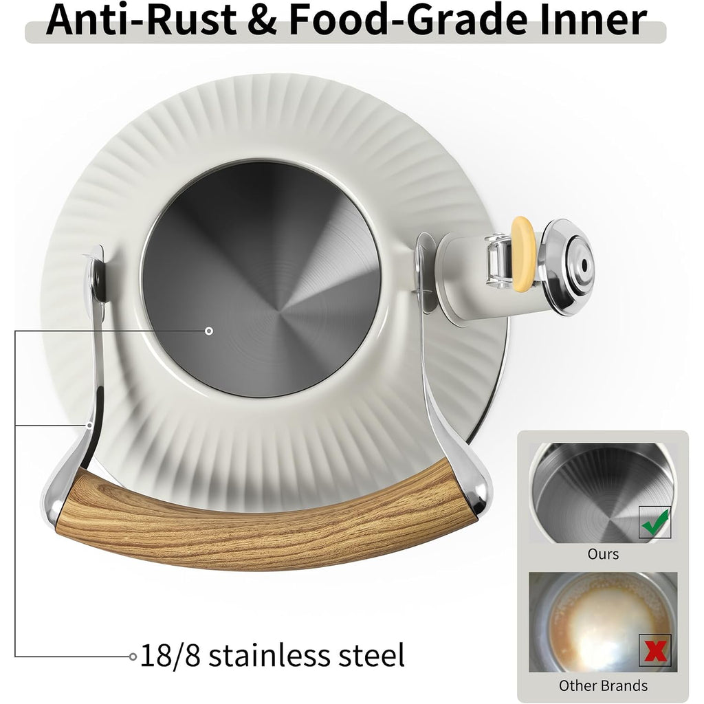 Lonffery Tea Kettle For Stove Top, 2.5 Quart Whistling Tea Kettle, Stainless Steel And Wood Pattern Folding Handle, Creamy White