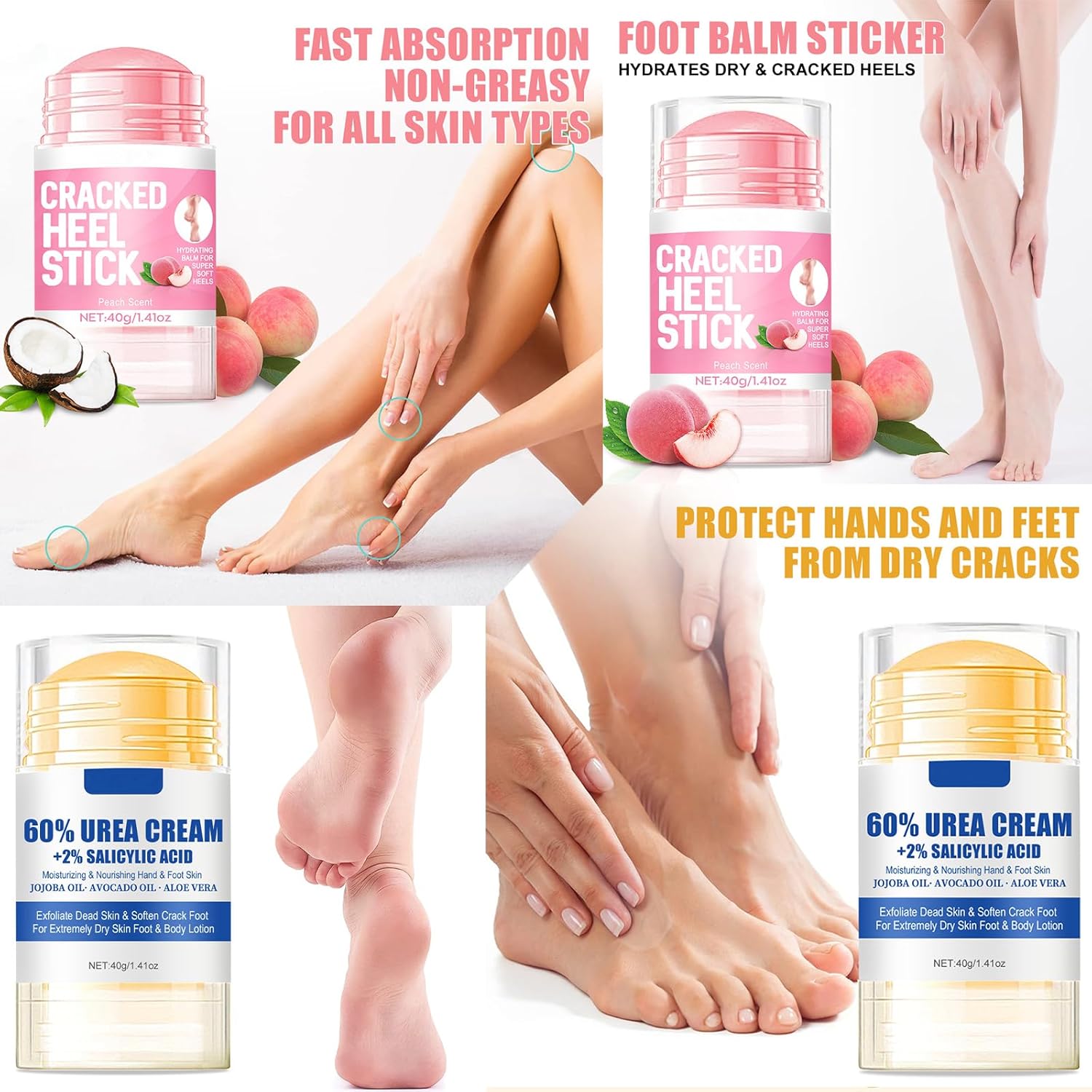 2pcs 60% Urea Hydrating and Anti-Cracking Foot Cream, 2025 Upgraded Moisturising and Relieves Cracking and Dryness Foot Cream for Dry Cracked Feet And Hands（aloe + peach）