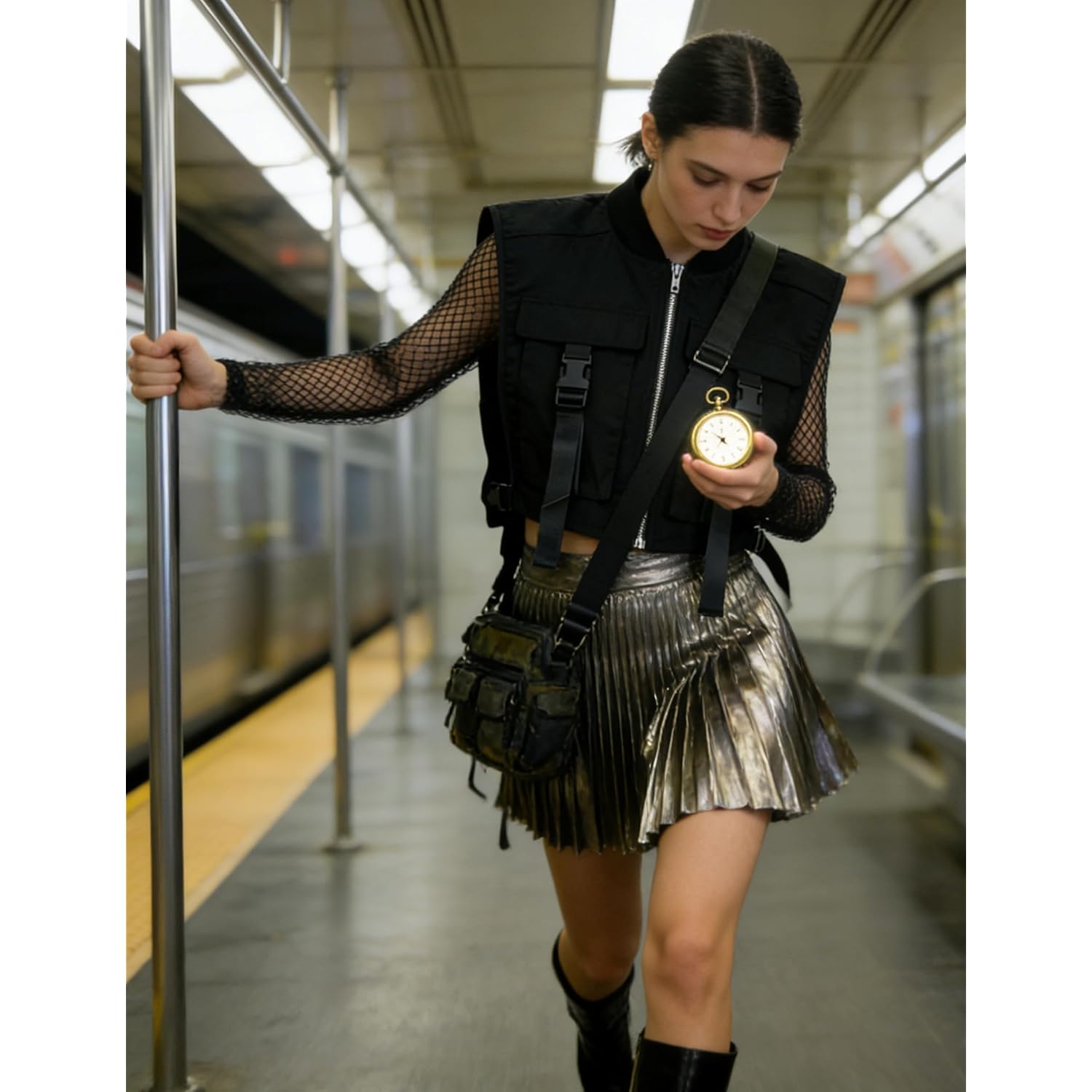 Women'S Sexy Crop Cargo Vest Sleeveless Buckle Zip Up Vest Jacket Tops Steampunk Streetwear With Pockets