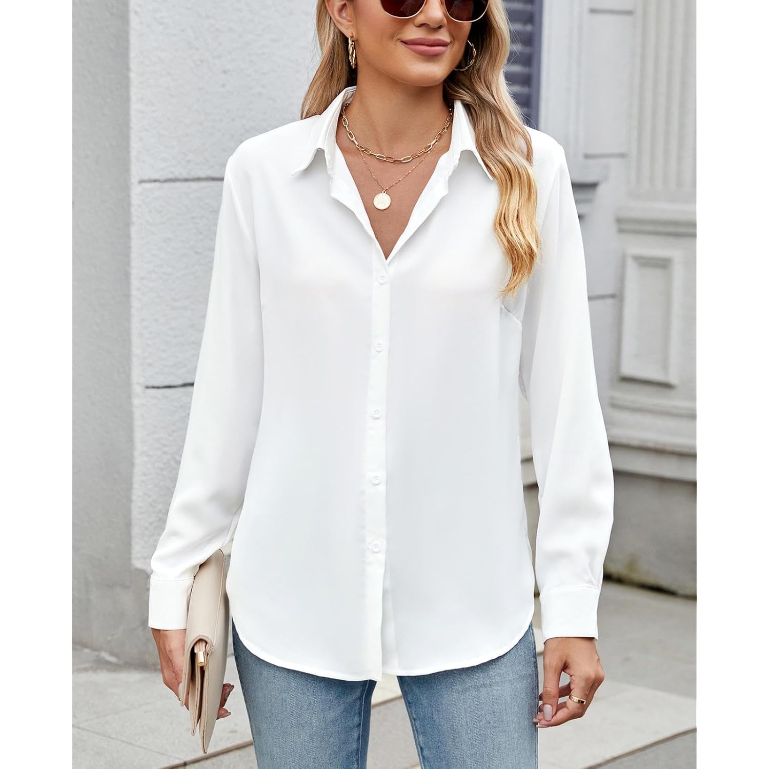 Womens Long Sleeve Button Down Shirt Ultra-Soft Stretch Wrinkle-Free Work Casual Business Office Blouse