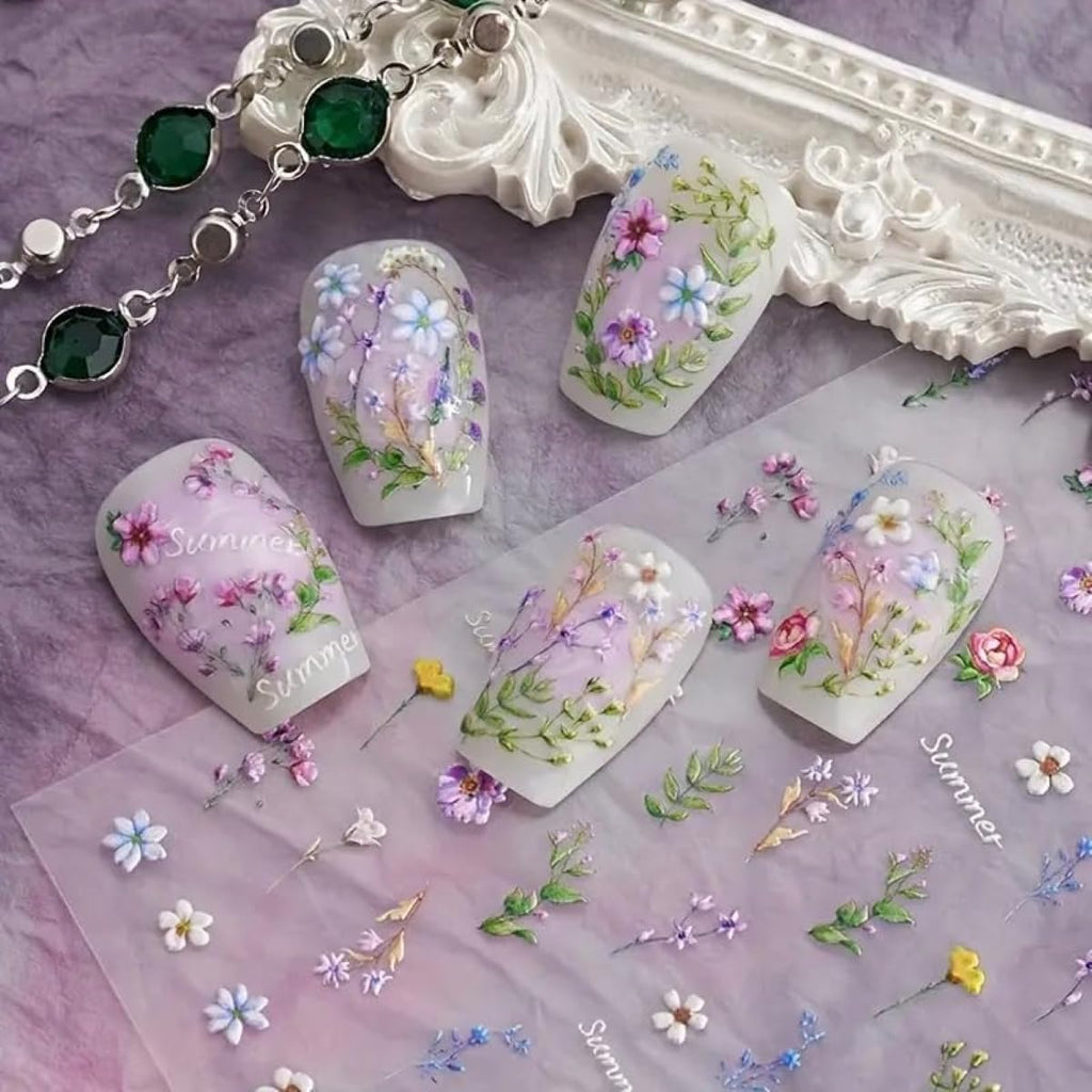 5D Embossed Flower Nail Stickers for Nail Art - Flower Nail Art Stickers Spring Summer Floral Leaf Plant Nail Decals Self-Adhesive Nail Supplies Manicure Sliders Flowers Sticker for Women Girls DIY