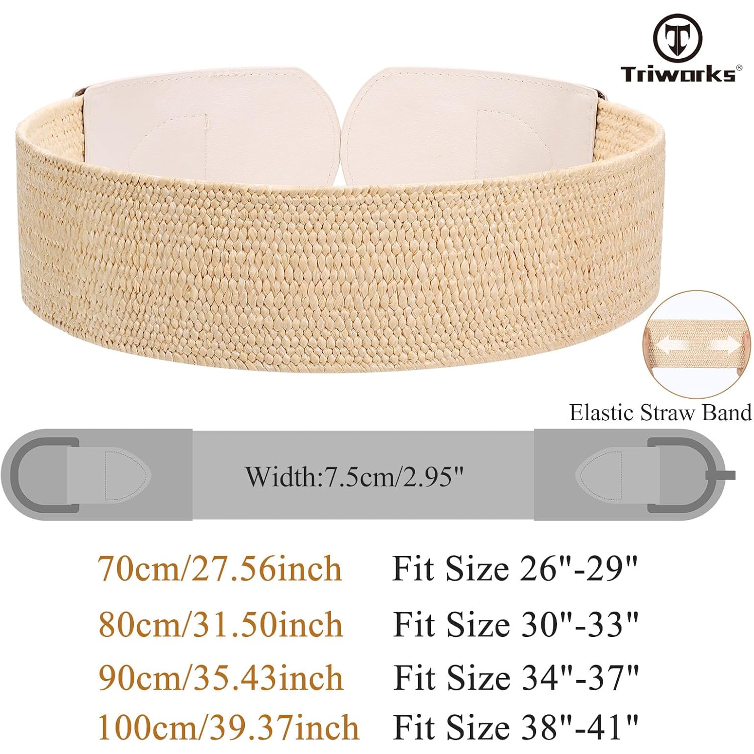 TRIWORKS Straw Woven Elastic Belt for Women Wide Boho Braided stretchy Belt Rattan Waist Belt for Dress