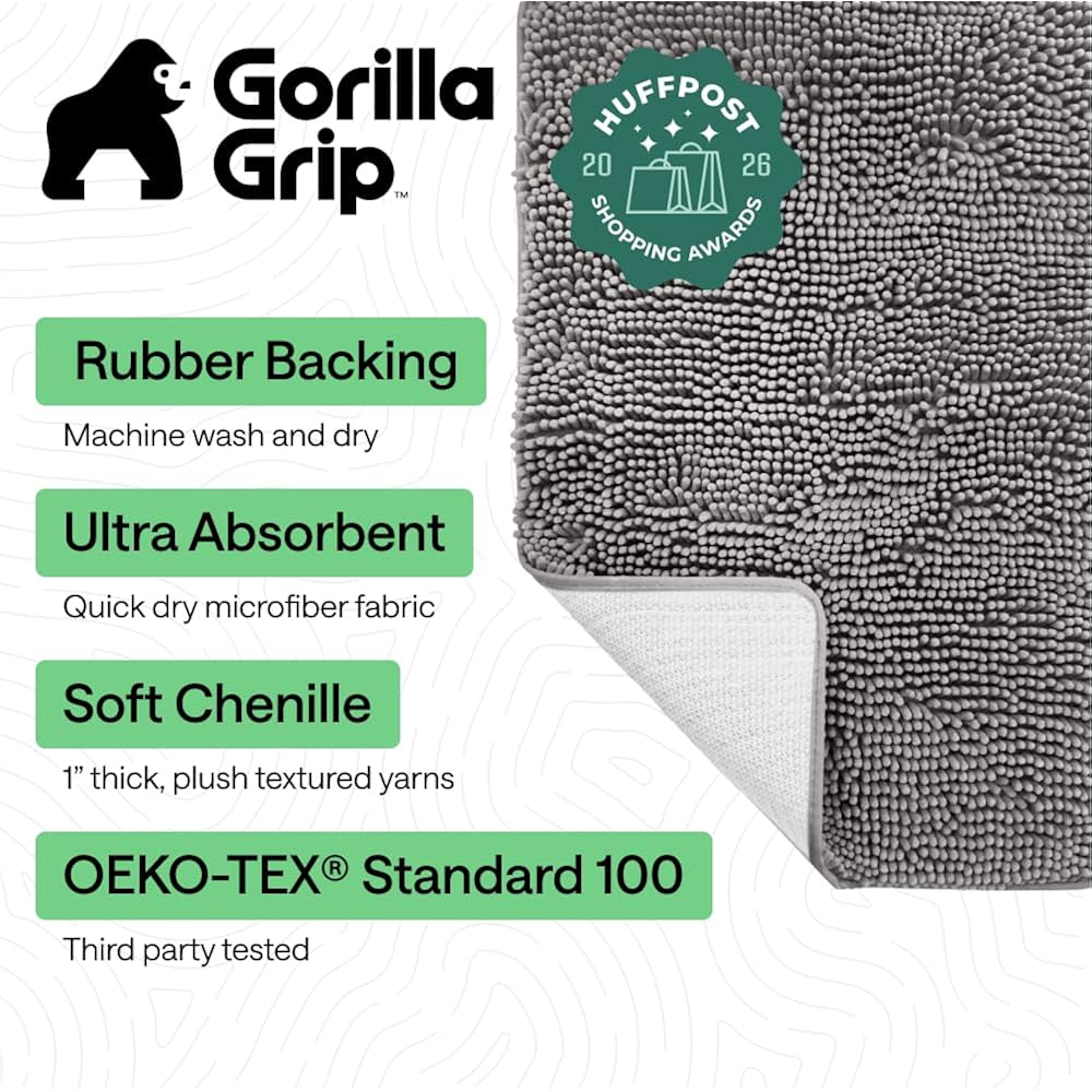 GORILLA GRIP Bath Rug Mat, Thick Soft Absorbent Chenille, Quick Dry Microfiber Mats, Rubber Backing, Machine Washable Shower Floor Rugs, Bathroom Bathmat Home Decor Accessories, 24x17 Grey