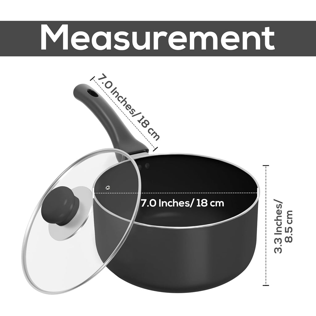 Utopia Kitchen 2 Quart Detachable Handle Nonstick Saucepan With Glass Lid, Multipurpose Use For Home, Kitchen Or Restaurant, Grey & Black