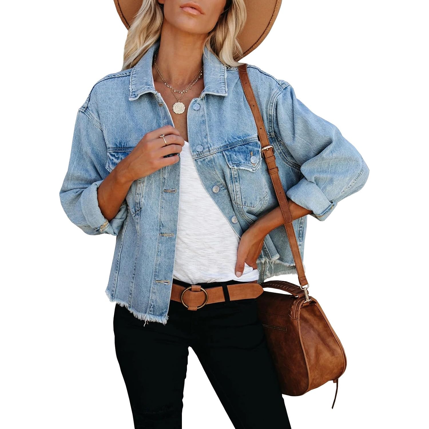 Women'S Jean Jacket Frayed Washed Button Up Cropped Denim Jacket With Pockets
