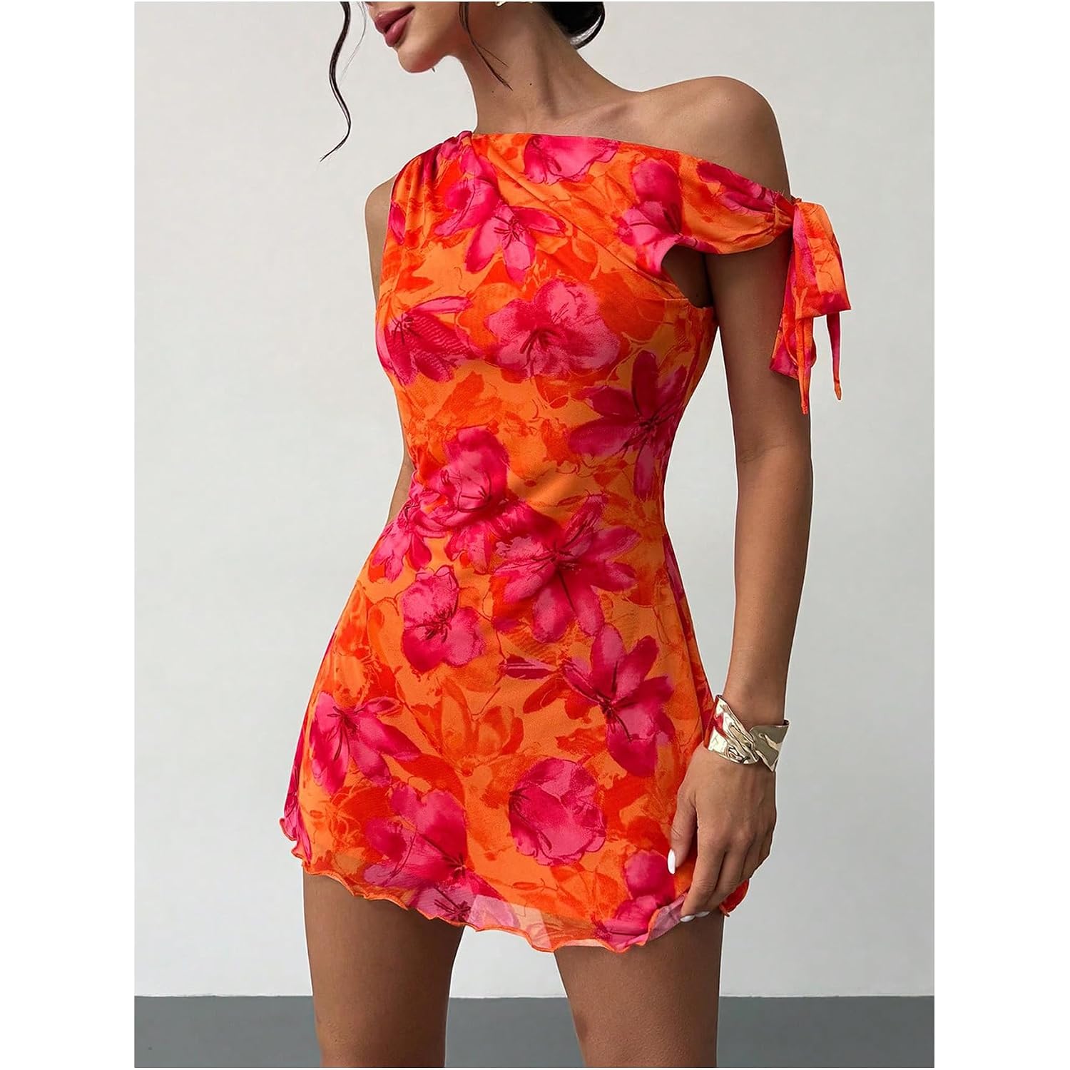 Gorglitter Women'S Asymmetrical Hem Bodycon Mini Dress Tie One Shoulder Floral Sleeveless Wedding Guest Pencil Short Dresses