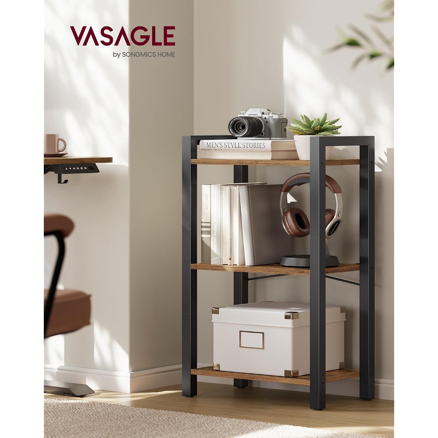 Vasagle 3-Tier Bookshelf, Bookcase With Steel Frame, Book Shelf For Living Room, Home Office, Study, 9.4 X 15.7 X 30.1 Inches, Industrial Style, Rustic Brown And Ink Black Ulls098K02