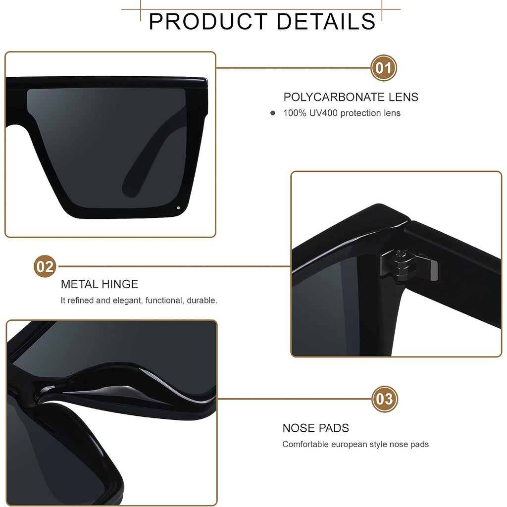 Square Oversized Sunglasses for Women Men Big Flat Top Fashion Shield Large UV Protection Rimless Shades (2packs) Glossy Black + Tortoise
