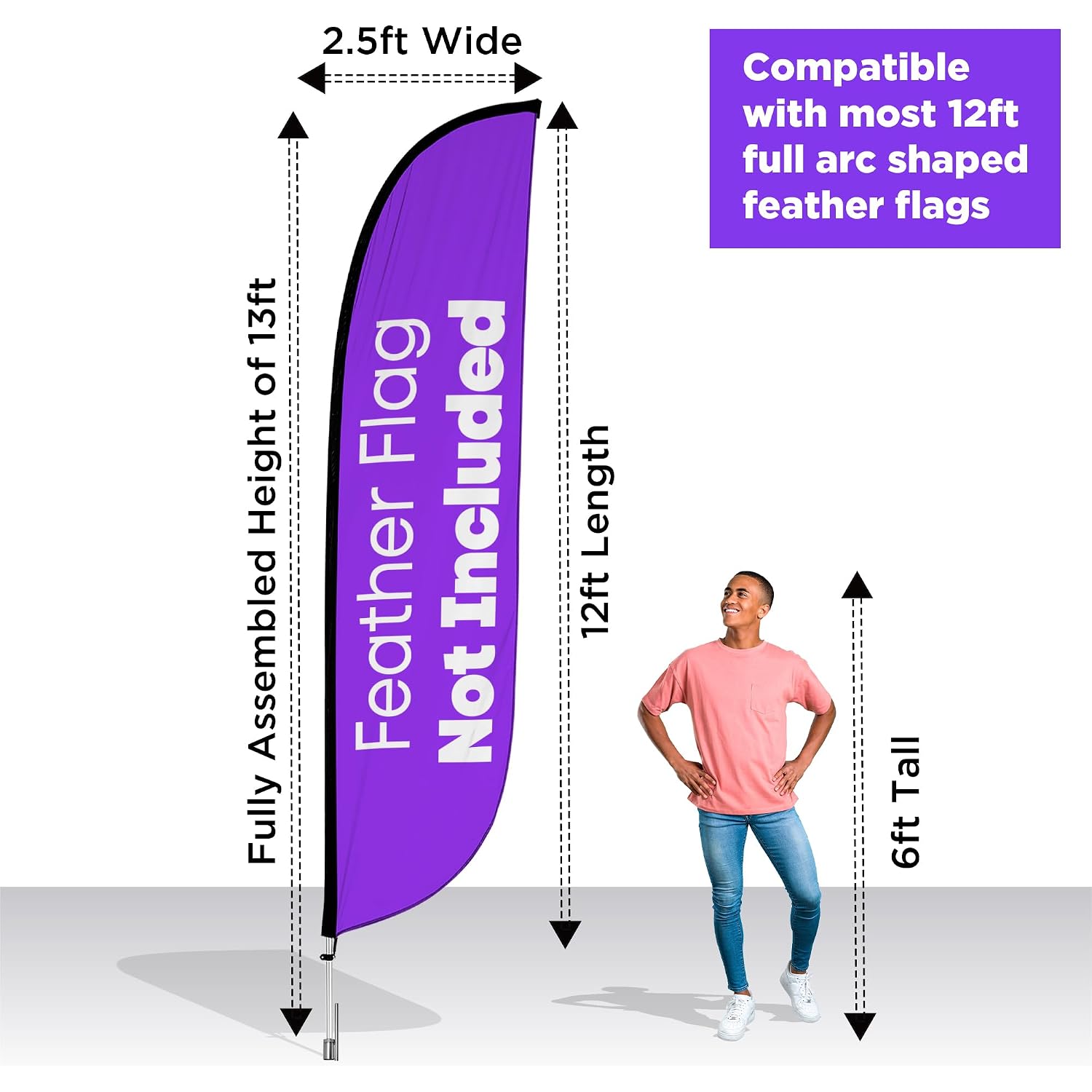 Lookourway Feather Flag Pole Kit - 13 Feet Tall Swooper Flag Pole Kit With Rotating Ground Spike - Banner Flag Pole For 12Ft Arc Shaped Outdoor Advertising Flags