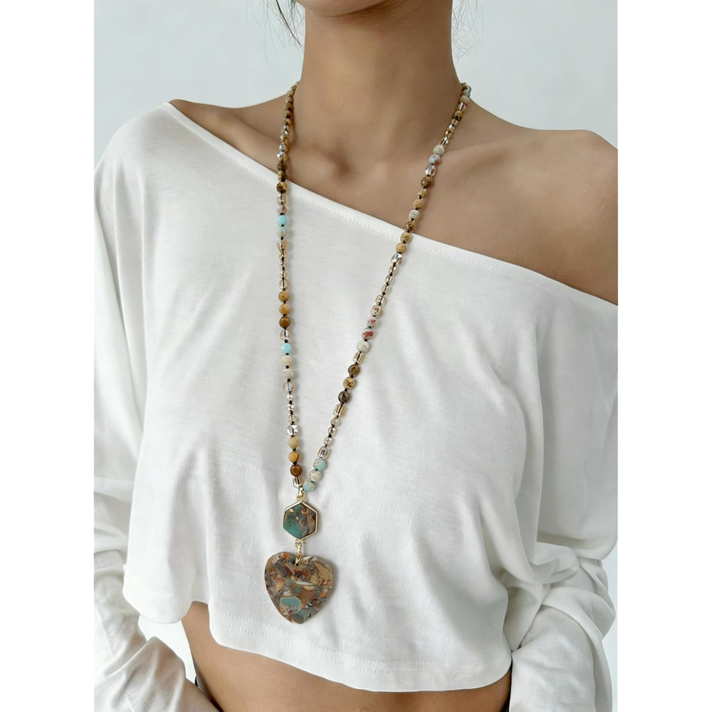 Yomisa Boho Necklaces for Women Men Long,33/34/35 Inch Natural Turquoise Tiger Eye Beaded Stone Pendant Necklaces for Women Trendy,Handmade Bohemian Western Bead Necklace Fashion Charm Jewelry Gift