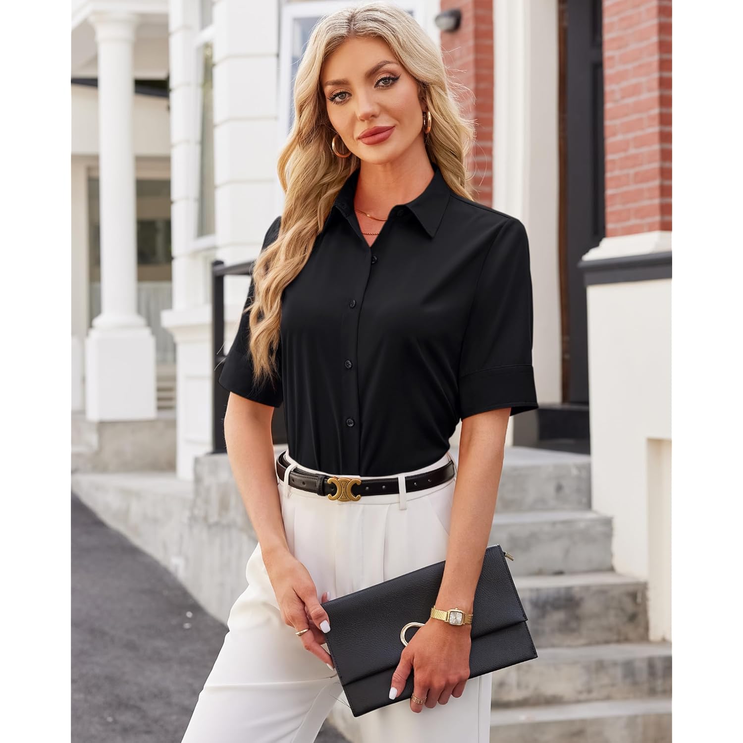 Button Down Shirts for Women Fitted Short Sleeve Dress Shirt Collared Blouses Work Tops Wrinkle Free