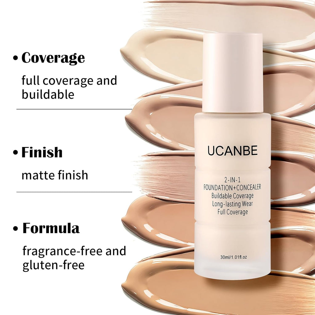UCANBE 2-IN-1 Foundation + Concealer, Full Coverage Long-Lasting Matte Makeup for Normal, Combination and Oily Skin, Buildable Waterproof Formula with Hyaluronic Acid （01 Fair Ivory）