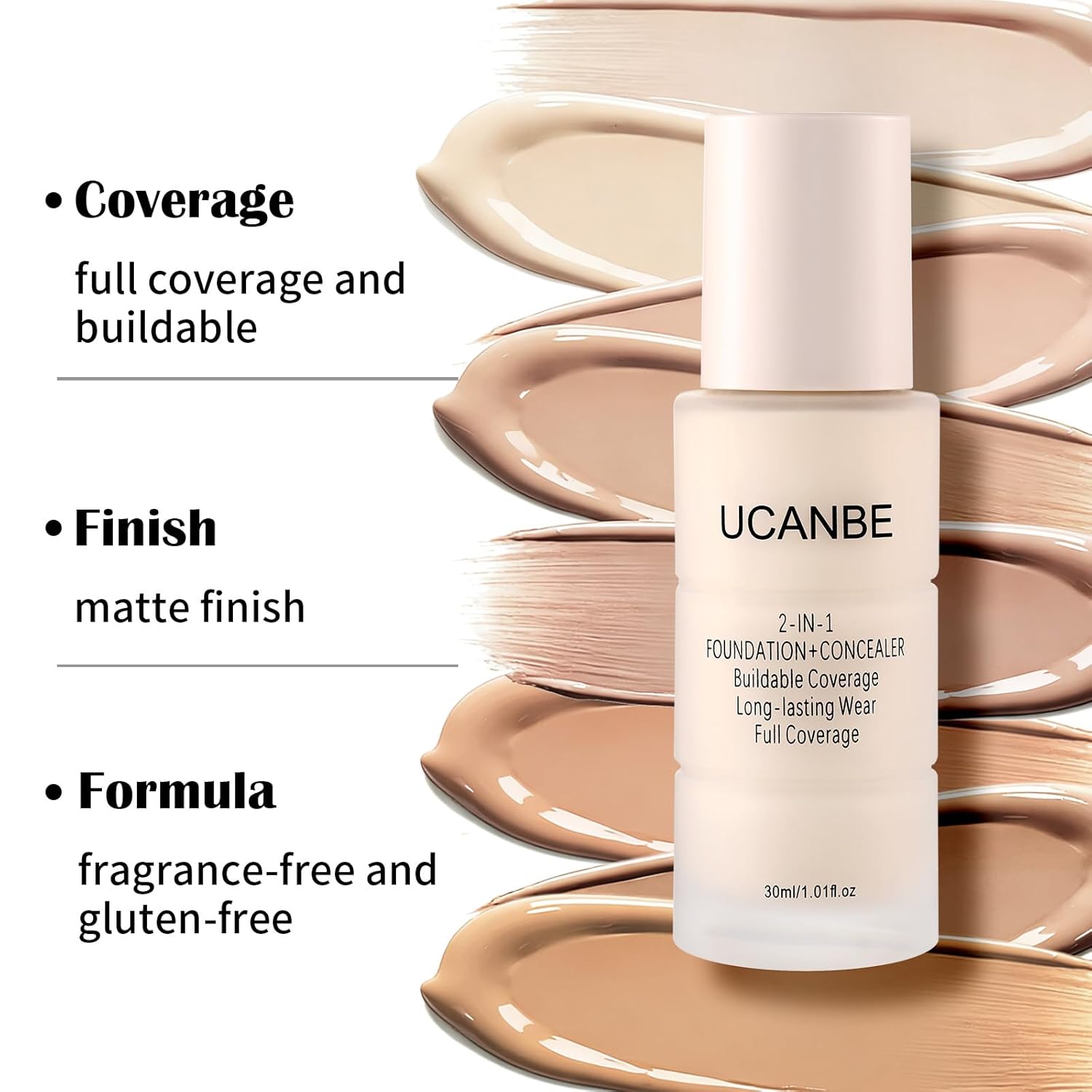 UCANBE 2-IN-1 Foundation + Concealer, Full Coverage Long-Lasting Matte Makeup for Normal, Combination and Oily Skin, Buildable Waterproof Formula with Hyaluronic Acid （01 Fair Ivory）