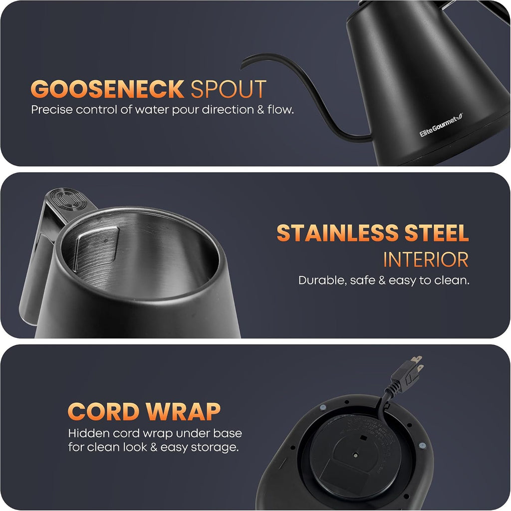 Elite Gourmet Ekt3001 1L Digital Water Kettle, 304 Stainless Steel Interior, Programmed Temperatures, Keep Warm Function, Cordless, 360° Base, Auto Off & Audible Indicator, Matte Black