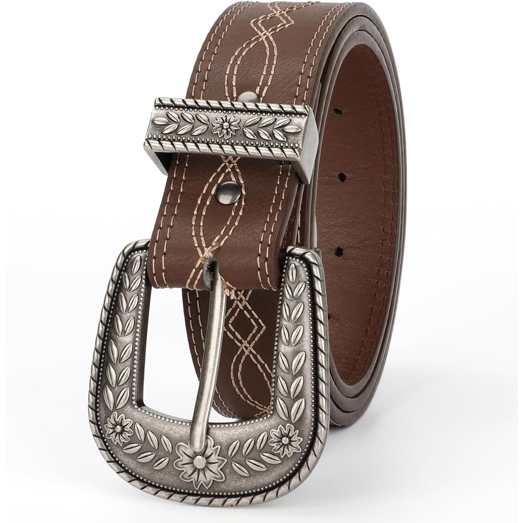 XZQTIVE Women Men Genuine Leather Belt Vintage Ladies Western Belt Engraved Tooled Leather Belt Cowboy Cowgirl Country Belt