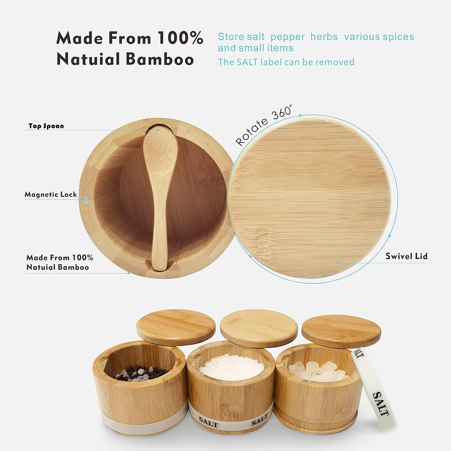 Salt Cellar Bamboo Salt Container With Lid & Spoon For Countertop