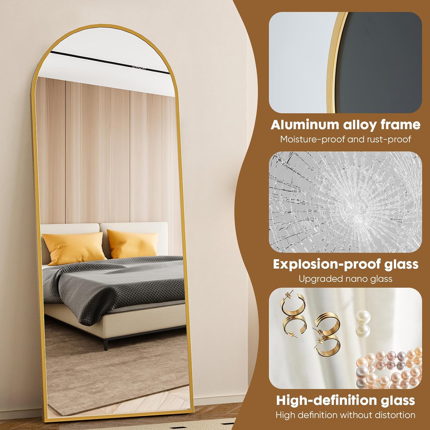 Mirror Full Length, 71 X 26 Inches Floor Mirror With Stand, Xx-Large Arch Gold Mirrors For Bedroom, Dressing Room, Home Decor, Gold