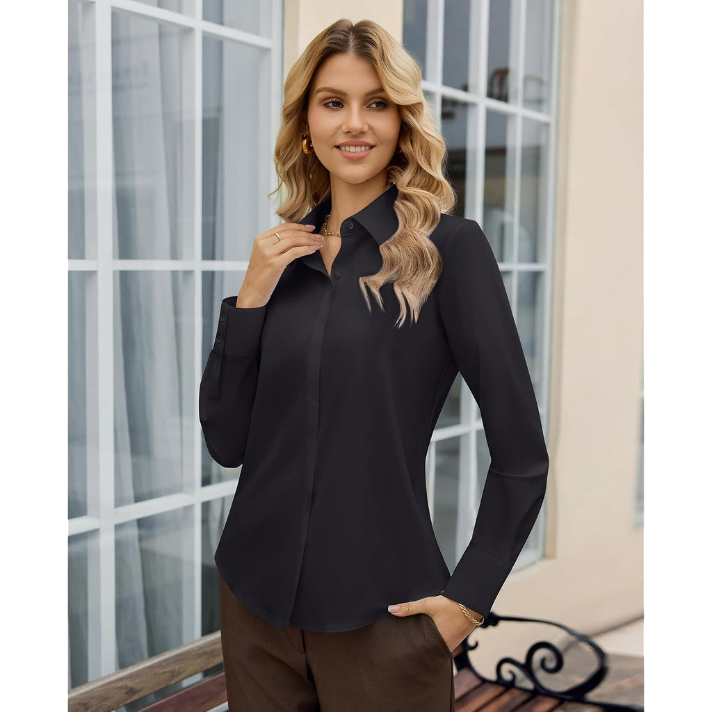 Siliteelon Womens Stretch Button Down Shirt Fitted Dress Shirt Collared Long Sleeve Wrinkle Free Business Casual Blouse Top