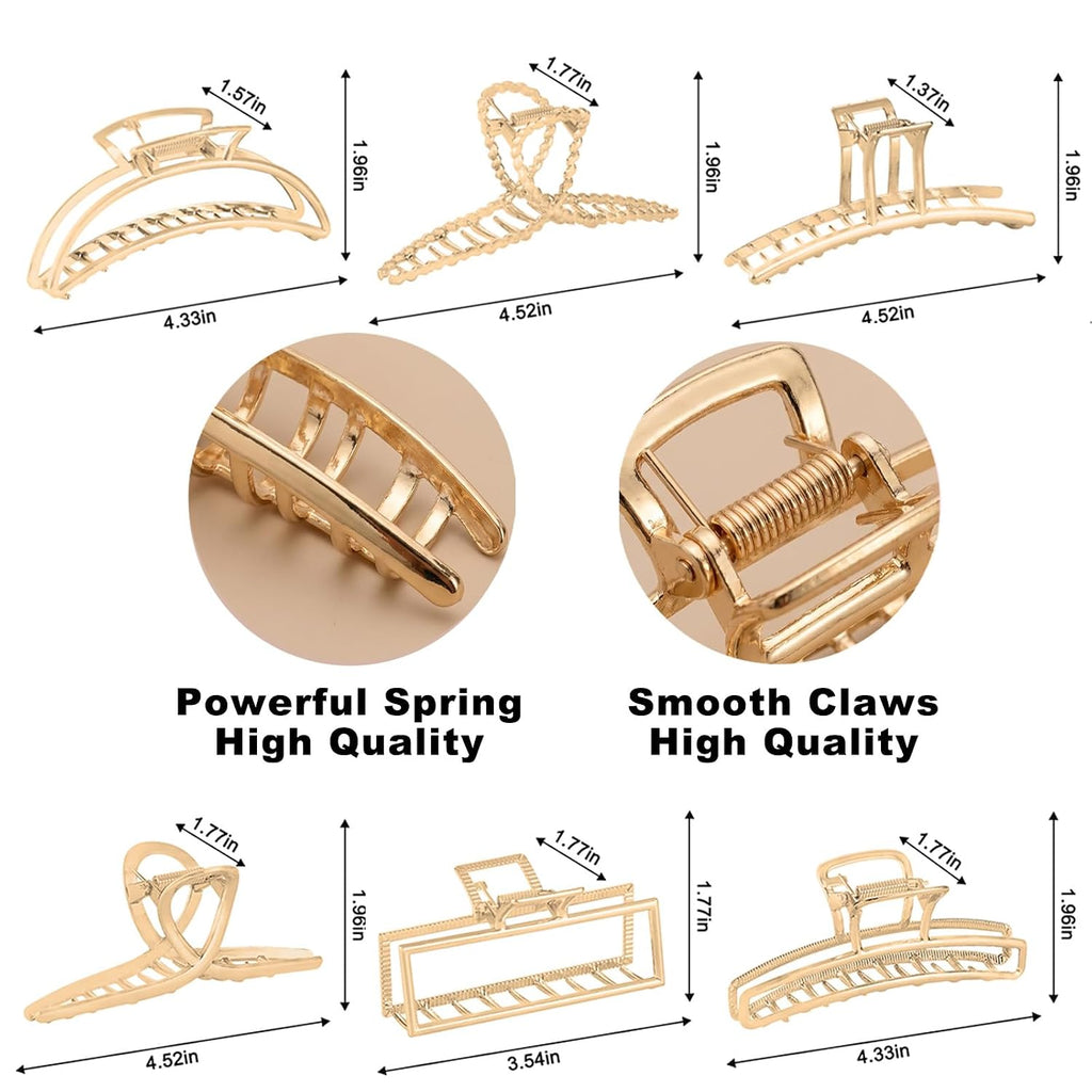Lukacy 6 Pack Gold Metal Hair Clips - 4 Inch Large Jaw Clips For Women, Strong Hold Hair Claws For Thick Or Thin Hair, Fashion Hair Accessories For Styling