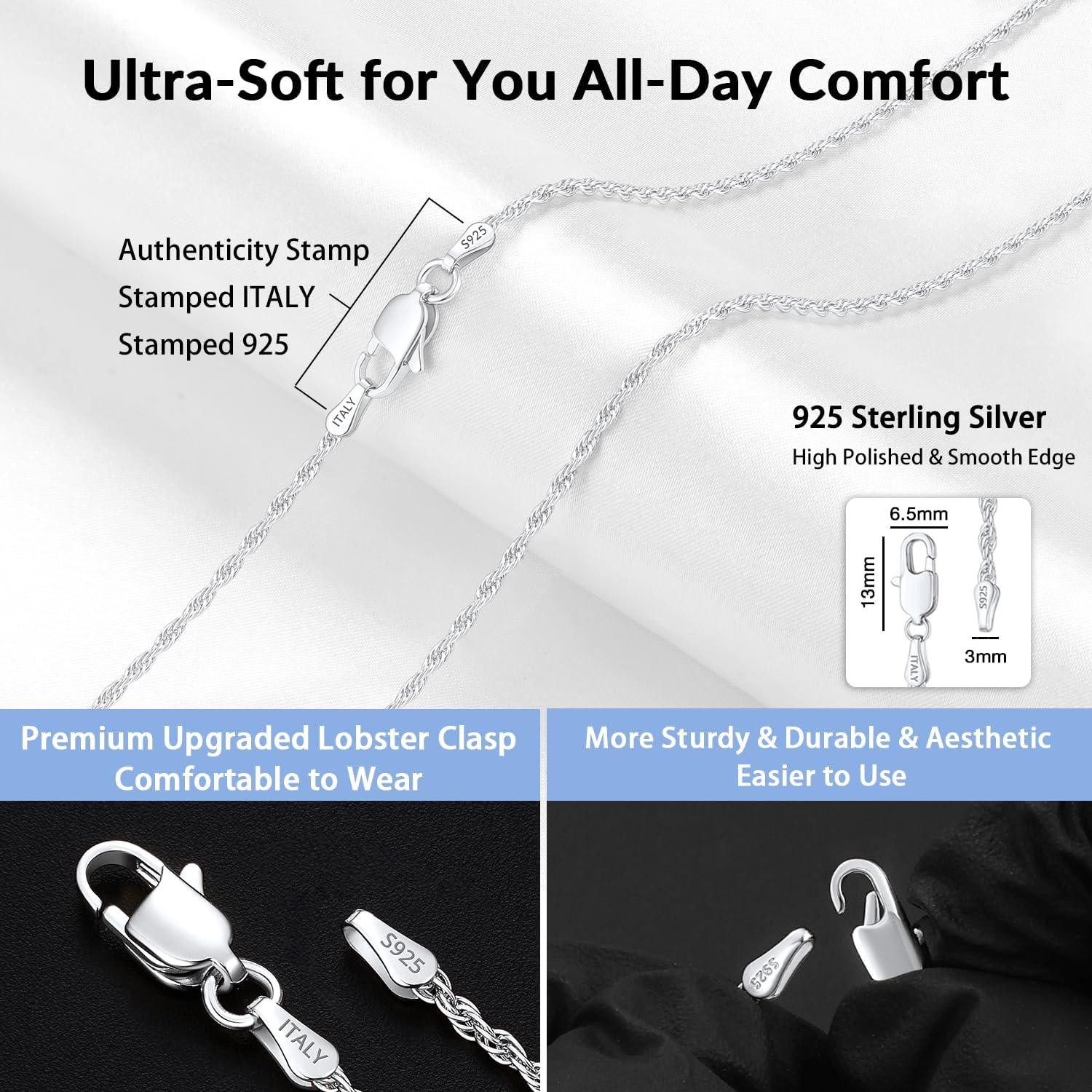 1.5mm 2mm Rope Chain 925 Sterling Silver Chain Necklace for Women, Sturdy Durable Women's Chains Necklace, 16 18 20 22 24 26 Inch
