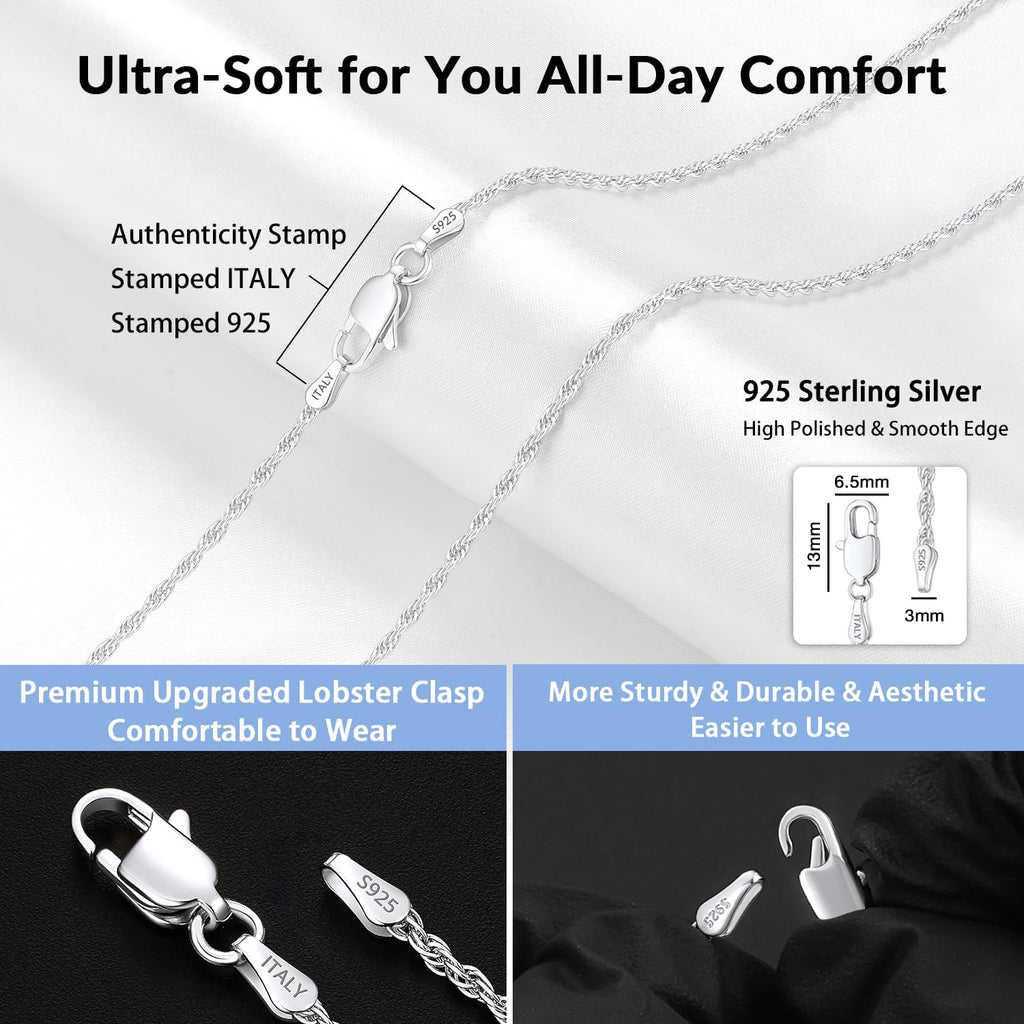 Jewlpire 2mm Rope Chain 925 Sterling Silver Chain Necklace for Women, 14K Gold Plated Chains for Women Smooth & Sturdy Women's Chains Necklace, 16 18 20 22 24 26 Inch