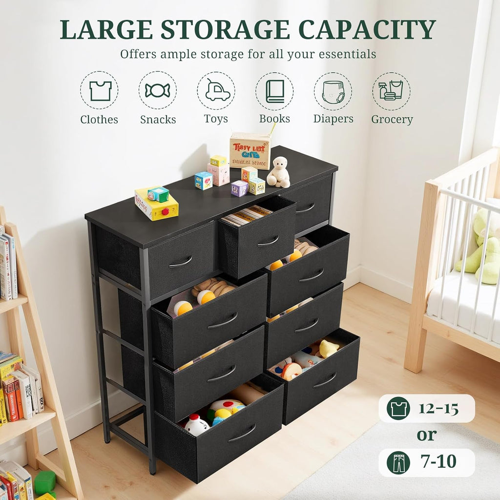 9-Drawer Dresser For Bedroom, Anti-Tip Tall Storage Organizer | Chest Of Drawers With Wooden Top And Metal Frame Fabric Bins For Closet, Living Room, Hallway, Entryway, Black