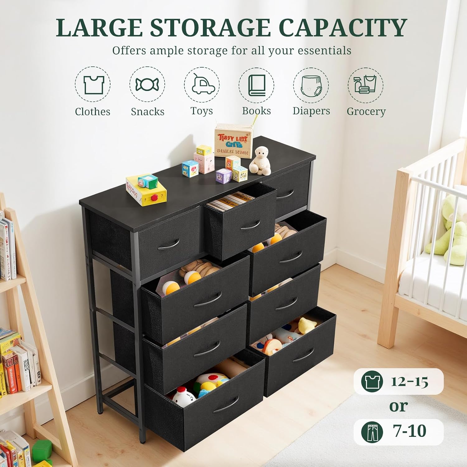9-Drawer Dresser For Bedroom, Anti-Tip Tall Storage Organizer | Chest Of Drawers With Wooden Top And Metal Frame Fabric Bins For Closet, Living Room, Hallway, Entryway, Black