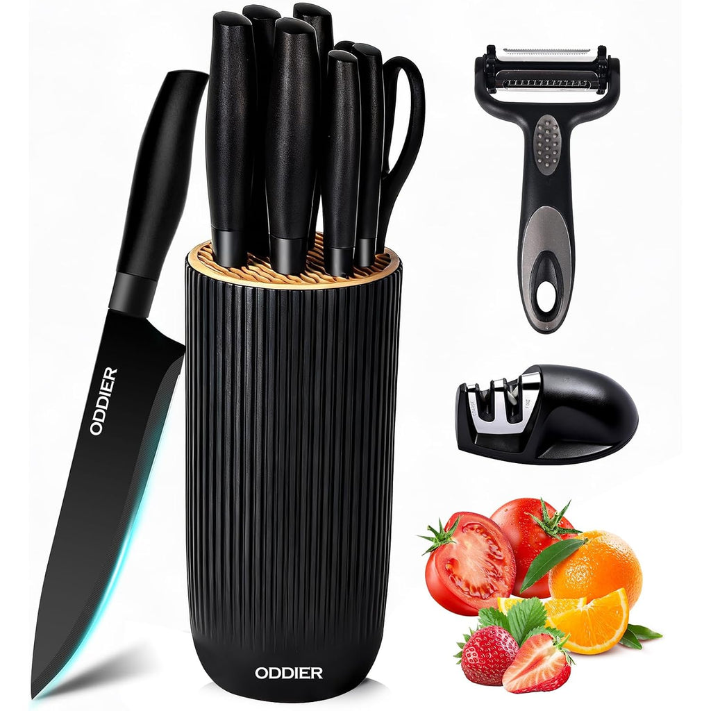 Knife Set, 10 Piece Kitchen Knife Set With Block And Sharpener, Anti-Rust Stainless Steel Knives Set For Kitchen, Chef Universal Knife Block Set, Dishwasher Safe, Ergonomical Design, Black