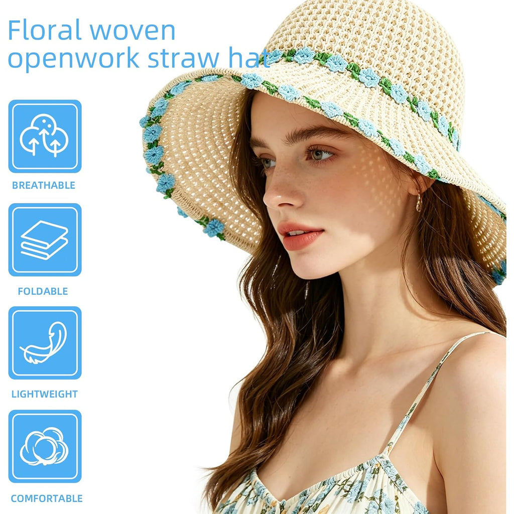 Sun Hats For Women Wide Brim Beach Hat Straw Boho Rainbow Beaded Summer Packable Foldable Bucket Hat For Travel
