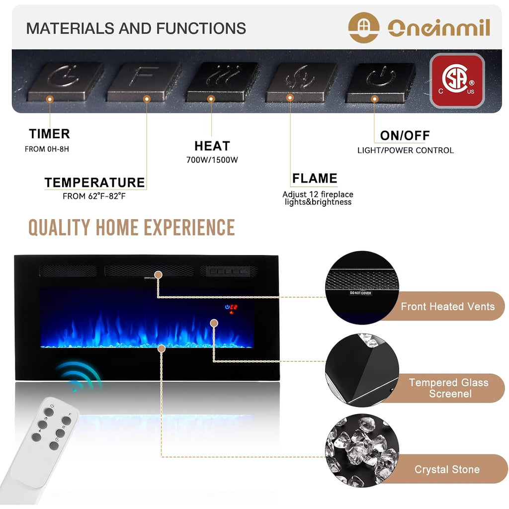 Oneinmil Fireplace Tv Stand With 36" Electric Fireplace, Led Light Entertainment Center, Modern Wood Texture Entertainment Stand With Highlight Storage Cabinet For Tvs Up To 80", 70 Inches, Black