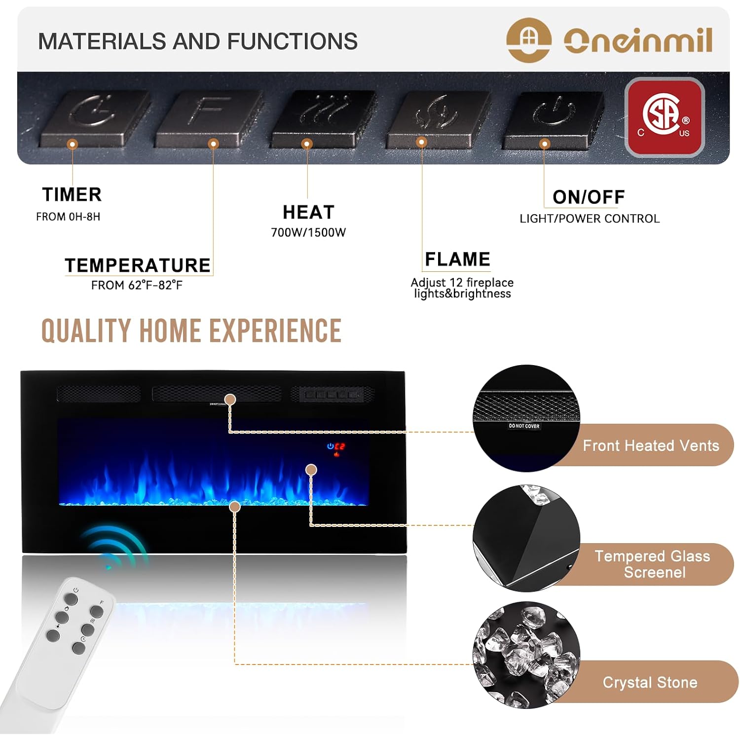 Oneinmil Fireplace Tv Stand With 36" Electric Fireplace, Led Light Entertainment Center, Modern Wood Texture Entertainment Stand With Highlight Storage Cabinet For Tvs Up To 80", 70 Inches, Black