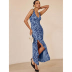 Anrabess Womens Sexy V Neck Sleeveless Wedding Guest Dresses Spring Mesh Bodycon High Slit Ruffle Hem Cocktail Maxi Dress